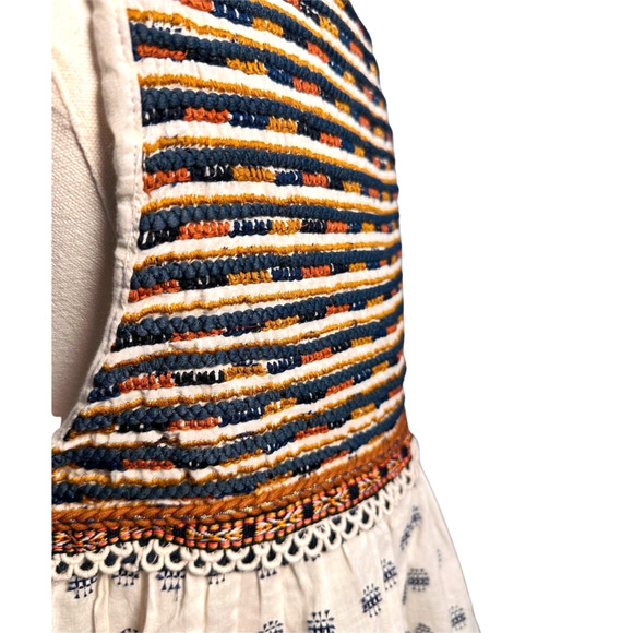 Zara Cream Brown Sleeveless Embroidered Tassle Tie Cotton Blouse Small Boho - Picture 6 of 9